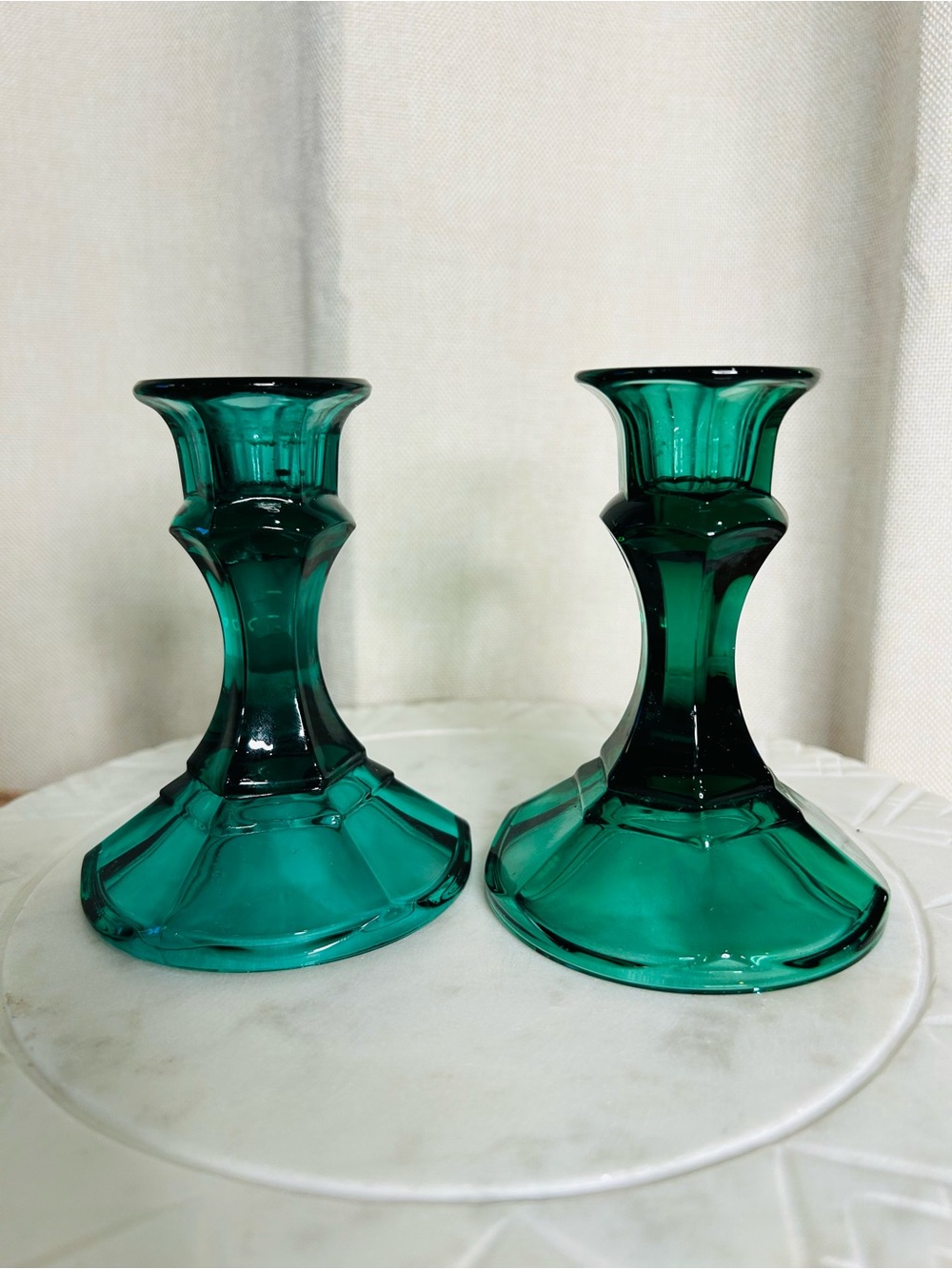 Vintage Emerald Green Glass Candlestick Pair - 4.5” tall